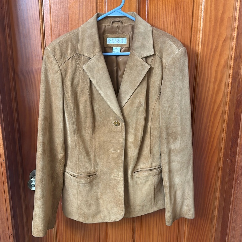 VINTAGE LARGE PRESTON & YORK GENUINE LEATHER SUEDE TAN/ GOLD DRESS JACKET